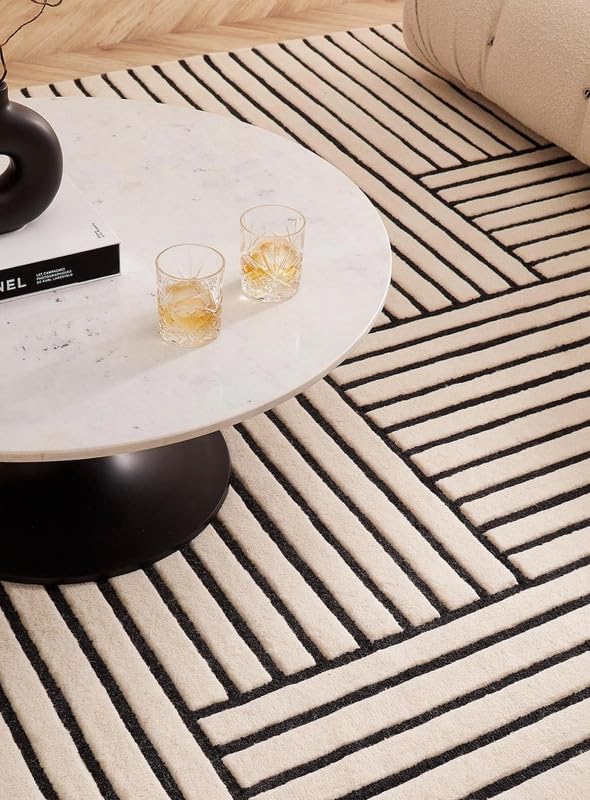 BEIGE AND BLACK HAND TUFTED WOOL CARPET