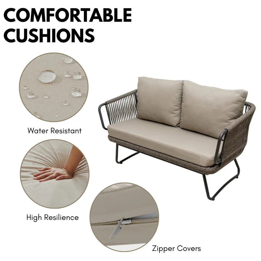 4-PIECE ROPE SOFA SET WITH GLASS TOP TABLE