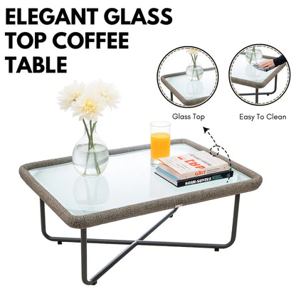 4-PIECE ROPE SOFA SET WITH GLASS TOP TABLE