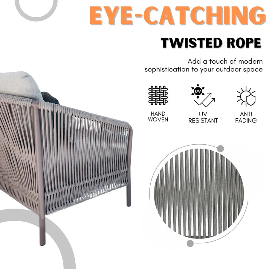 OUTDOOR 5 SEATER ROPE PATIO SOFA SET WITH CENTER TABLE AND SIDE TABLE