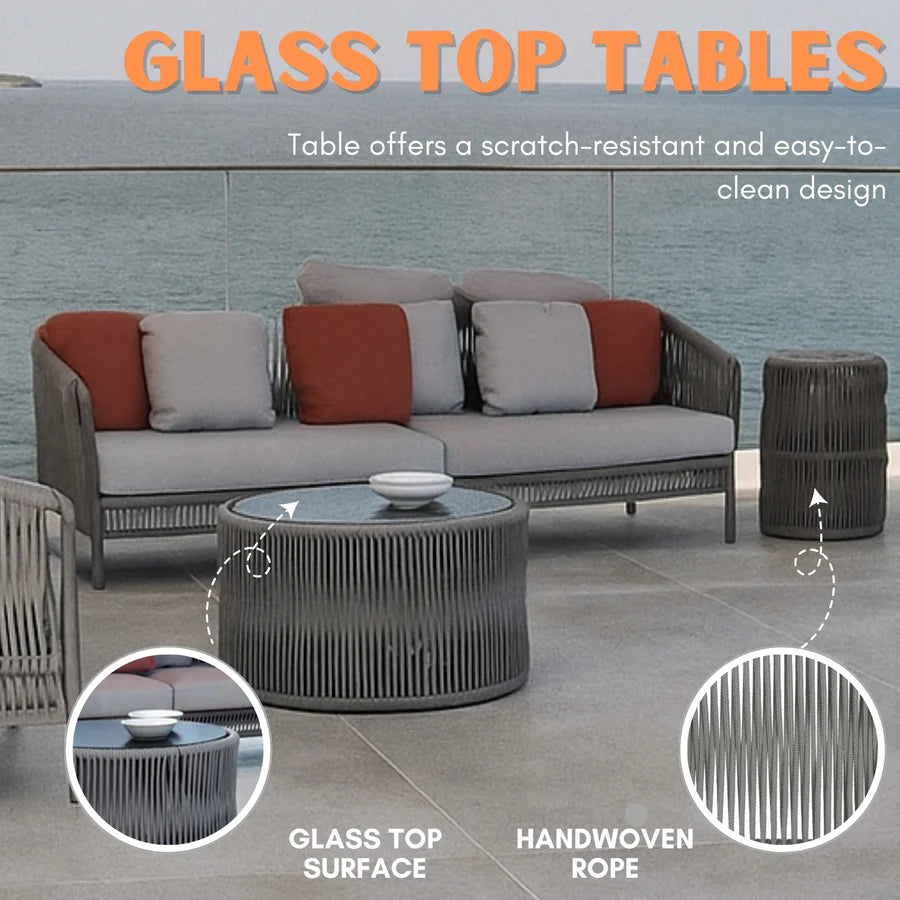OUTDOOR 5 SEATER ROPE PATIO SOFA SET WITH CENTER TABLE AND SIDE TABLE