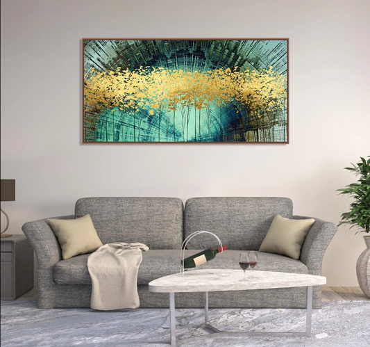 GOLDEN TREES IN AQUA BACKGROUND