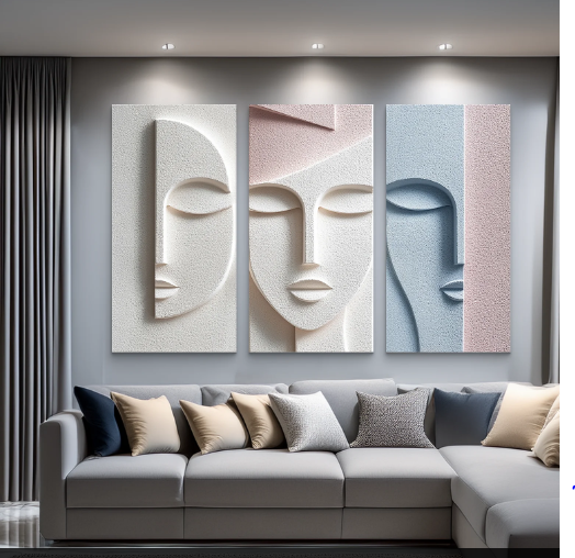 ABSTRACT FEMALE FACE TEXTURED TRIPTYCH IN PASTEL TONES