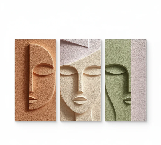 ABSTRACT FEMALE FACE TEXTURED TRIPTYCH IN PASTEL TONES