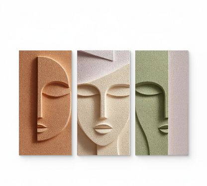 ABSTRACT FEMALE FACE TEXTURED TRIPTYCH IN PASTEL TONES