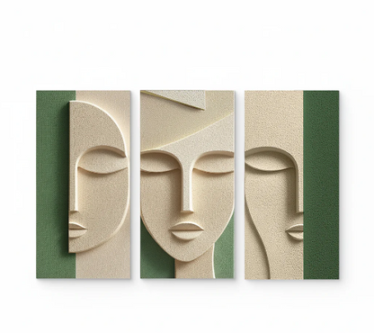 ABSTRACT FEMALE FACE TEXTURED TRIPTYCH IN PASTEL TONES