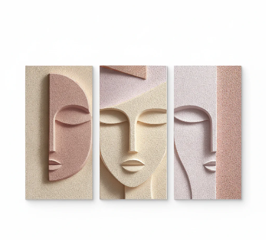 ABSTRACT FEMALE FACE TEXTURED TRIPTYCH IN PASTEL TONES