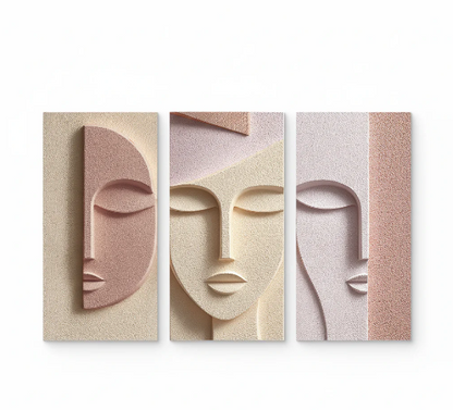 ABSTRACT FEMALE FACE TEXTURED TRIPTYCH IN PASTEL TONES