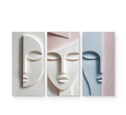 ABSTRACT FEMALE FACE TEXTURED TRIPTYCH IN PASTEL TONES