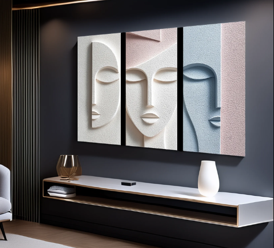 ABSTRACT FEMALE FACE TEXTURED TRIPTYCH IN PASTEL TONES