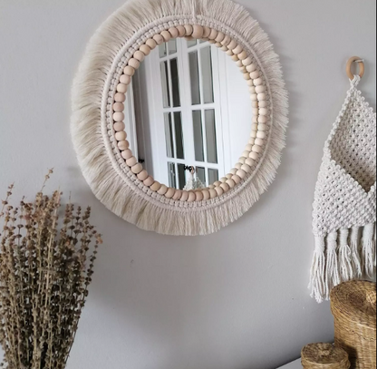 SET OF 3 BOHO WALL DECOR MIRRORS WITH WOODEN BEADS