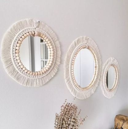 SET OF 3 BOHO WALL DECOR MIRRORS WITH WOODEN BEADS
