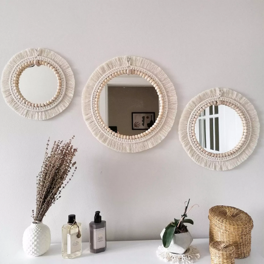 SET OF 3 BOHO WALL DECOR MIRRORS WITH WOODEN BEADS