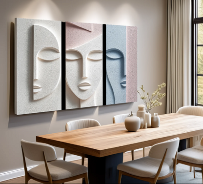 ABSTRACT FEMALE FACE TEXTURED TRIPTYCH IN PASTEL TONES