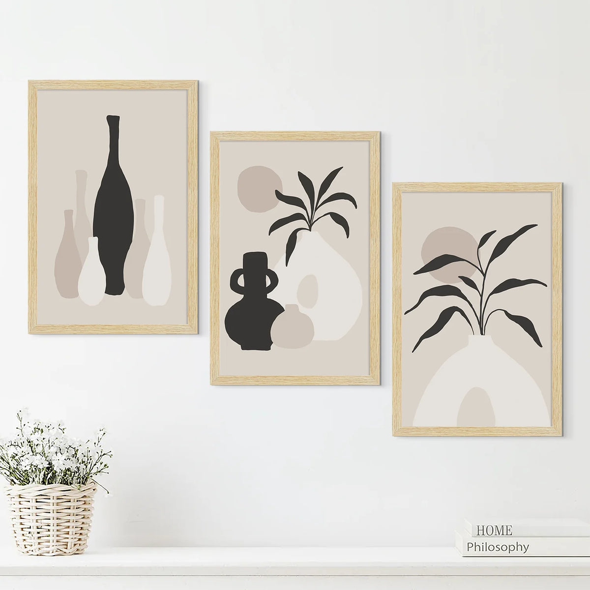 BOHO FLORAL VASES ART PAINTINGS SET OF 3